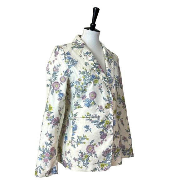 LOFT Women’s Blazer Cream Blue Pink Floral Classic Stretch One Button Size 4 - Picture 2 of 10